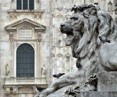 Duomo di Milano. Statua del leone davanti al Duomo di Milano