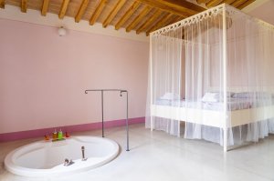 Suite con letto a baldacchino e vasca da bagno doppia. Bagno con doccia, mini-cucina e area esterna privata.